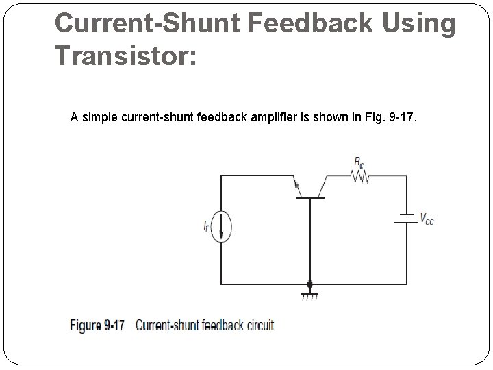 Current-Shunt Feedback Using Transistor: A simple current-shunt feedback amplifier is shown in Fig. 9