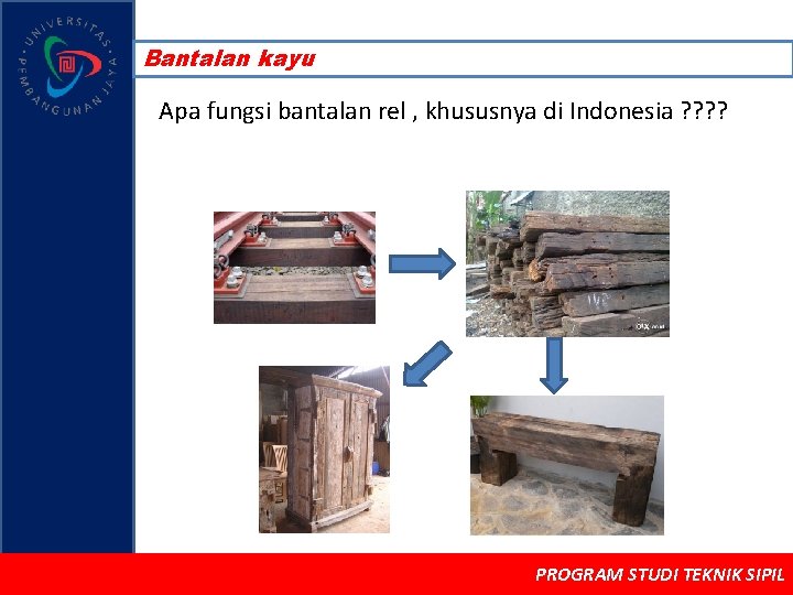 Bantalan kayu Apa fungsi bantalan rel , khususnya di Indonesia ? ? PROGRAM STUDI
