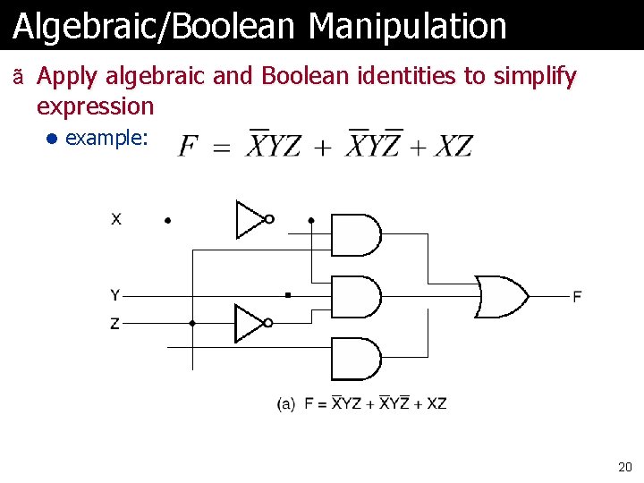 Algebraic/Boolean Manipulation ã Apply algebraic and Boolean identities to simplify expression l example: 20