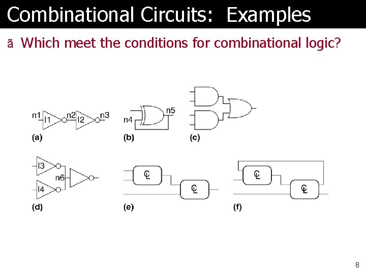 Combinational Circuits: Examples ã Which meet the conditions for combinational logic? 8 