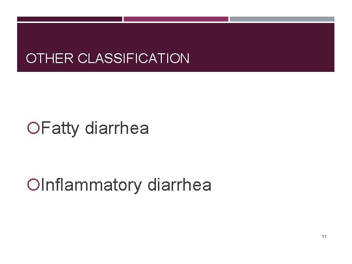 OTHER CLASSIFICATION Fatty diarrhea Inflammatory diarrhea 11 