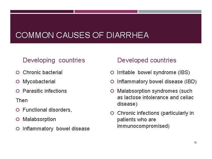 COMMON CAUSES OF DIARRHEA Developing countries Developed countries Chronic bacterial Irritable bowel syndrome (IBS)