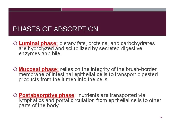 PHASES OF ABSORPTION Luminal phase: dietary fats, proteins, and carbohydrates are hydrolyzed and solubilized