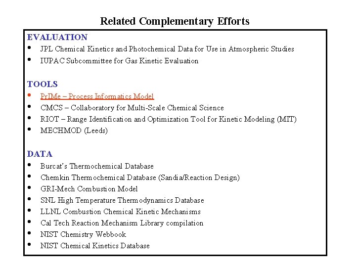 Related Complementary Efforts EVALUATION • • JPL Chemical Kinetics and Photochemical Data for Use