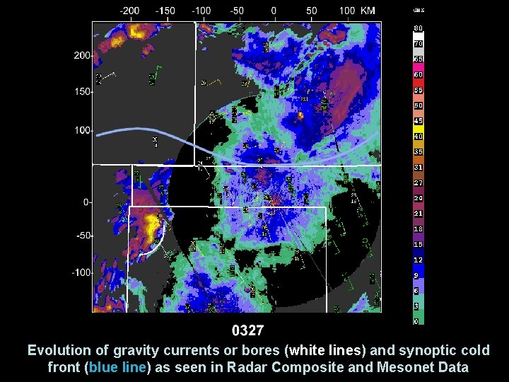 Evolution of gravity currents or bores (white lines) and synoptic cold front (blue line)
