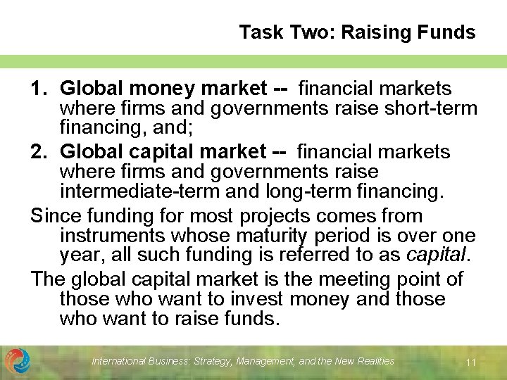 Task Two: Raising Funds 1. Global money market -- financial markets where firms and