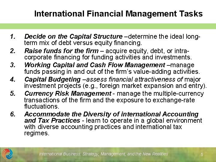 International Financial Management Tasks 1. 2. 3. 4. 5. 6. Decide on the Capital