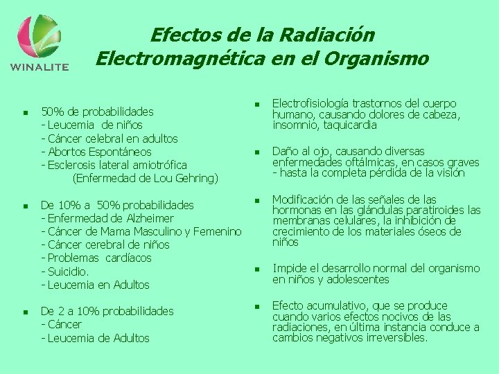 Efectos de la Radiación Electromagnética en el Organismo n n n 50% de probabilidades