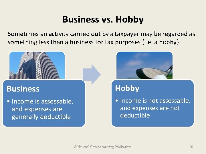 Business vs. Hobby Sometimes an activity carried out by a taxpayer may be regarded