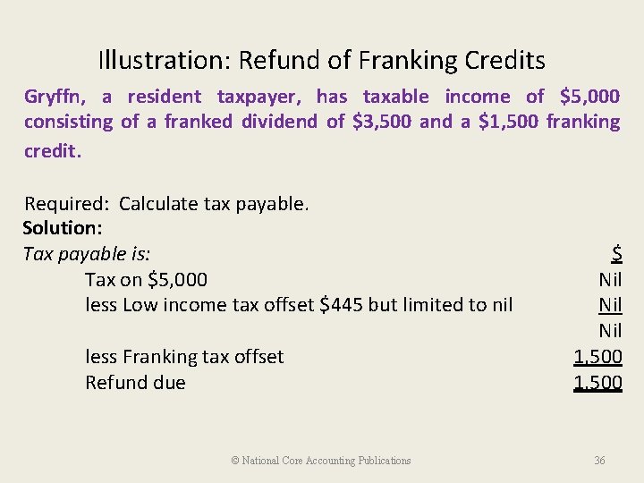 Illustration: Refund of Franking Credits Gryffn, a resident taxpayer, has taxable income of $5,