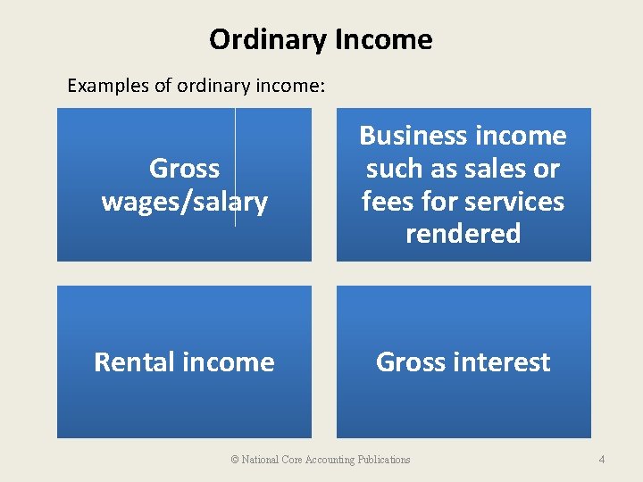 Ordinary Income Examples of ordinary income: Gross wages/salary Business income such as sales or