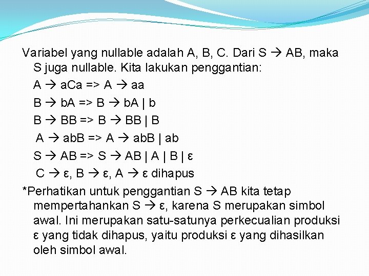 Variabel yang nullable adalah A, B, C. Dari S AB, maka S juga nullable.