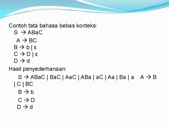 Contoh tata bahasa bebas konteks: S ABa. C A BC B b|ε C D|ε