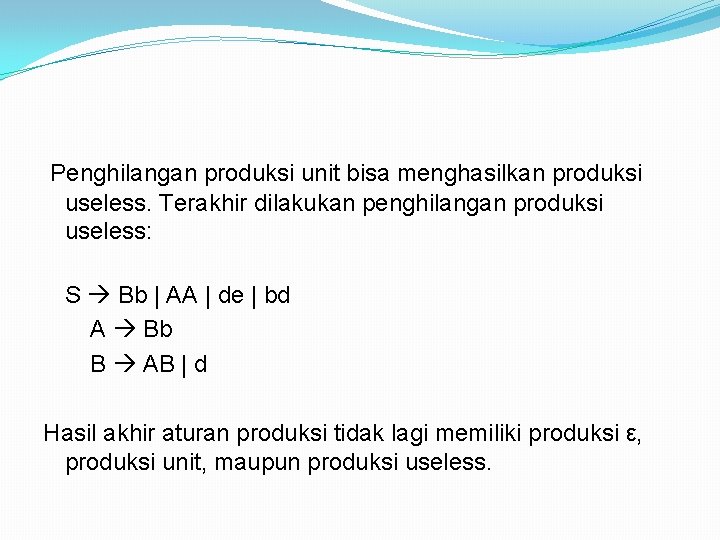 Penghilangan produksi unit bisa menghasilkan produksi useless. Terakhir dilakukan penghilangan produksi useless: S Bb