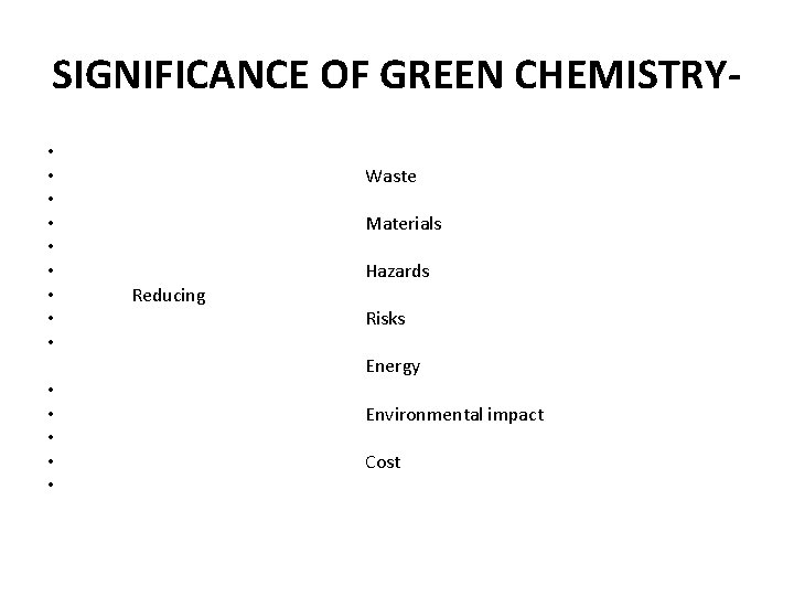 SIGNIFICANCE OF GREEN CHEMISTRY • • • Waste Materials Reducing Hazards Risks Energy •