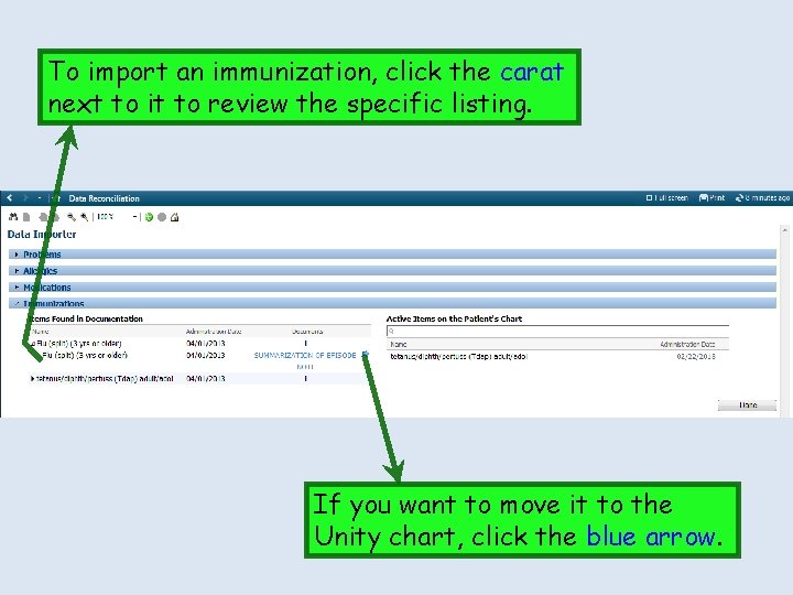 To import an immunization, click the carat next to it to review the specific