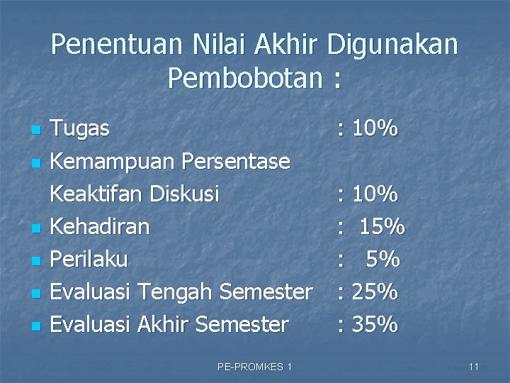 Penentuan Nilai Akhir Digunakan Pembobotan : n n n Tugas Kemampuan Persentase Keaktifan Diskusi