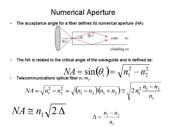 Numerical Aperture • The acceptance angle for a fiber defines its numerical aperture (NA)