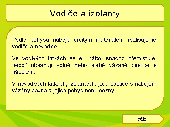 Vodiče a izolanty Podle pohybu náboje určitým materiálem rozlišujeme vodiče a nevodiče. Ve vodivých