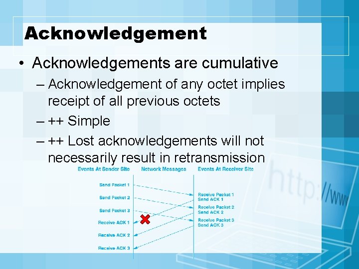 Acknowledgement • Acknowledgements are cumulative – Acknowledgement of any octet implies receipt of all