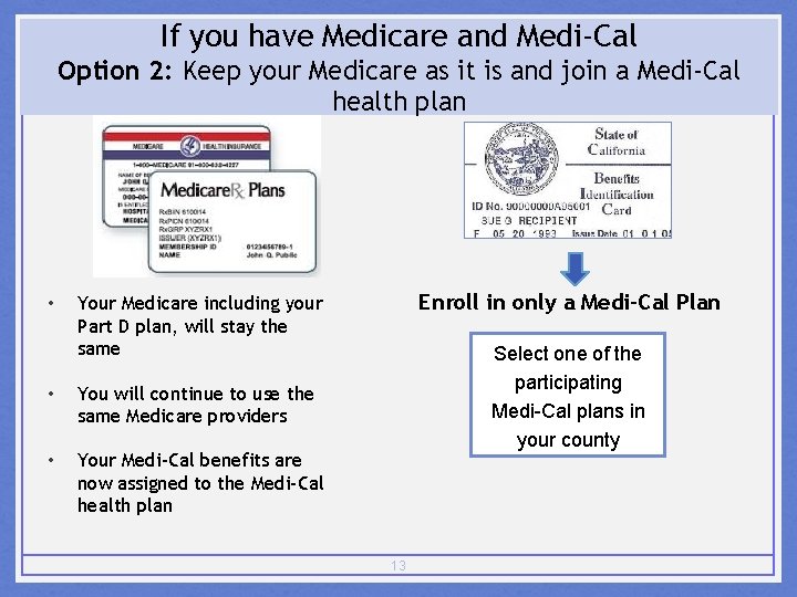 If you have Medicare and Medi-Cal Option 2: Keep your Medicare as it is