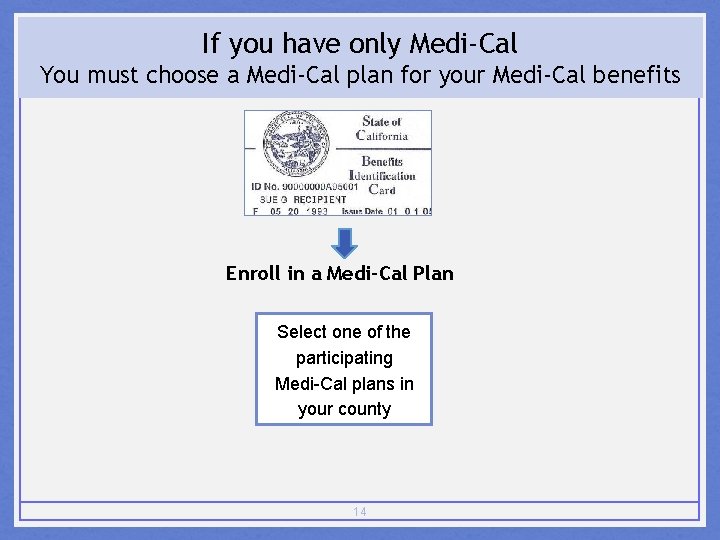 If you have only Medi-Cal You must choose a Medi-Cal plan for your Medi-Cal