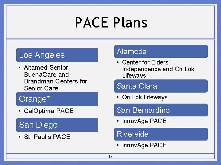 PACE Plans Alameda Los Angeles • Center for Elders’ Independence and On Lok Lifeways