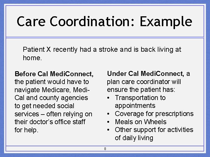 Care Coordination: Example Patient X recently had a stroke and is back living at
