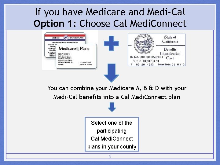If you have Medicare and Medi-Cal Option 1: Choose Cal Medi. Connect You can