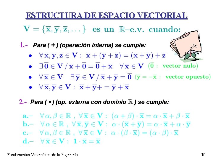ESTRUCTURA DE ESPACIO VECTORIAL 1. - Para ( + ) (operación interna) se cumple: ESTRUCTURA DE ESPACIO VECTORIAL 1. - Para ( + ) (operación interna) se cumple: