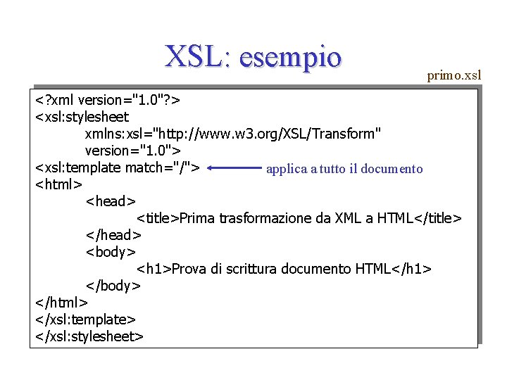 XSL: esempio primo. xsl <? xml version="1. 0"? > <xsl: stylesheet xmlns: xsl="http: //www.