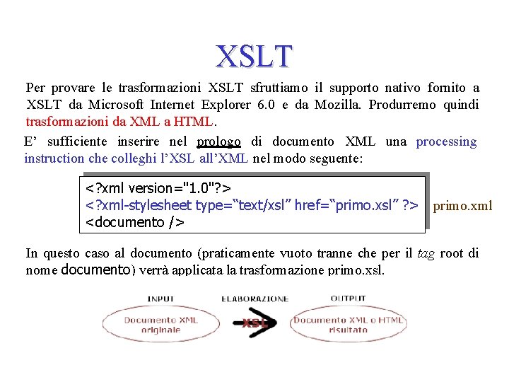 XSLT Per provare le trasformazioni XSLT sfruttiamo il supporto nativo fornito a XSLT da
