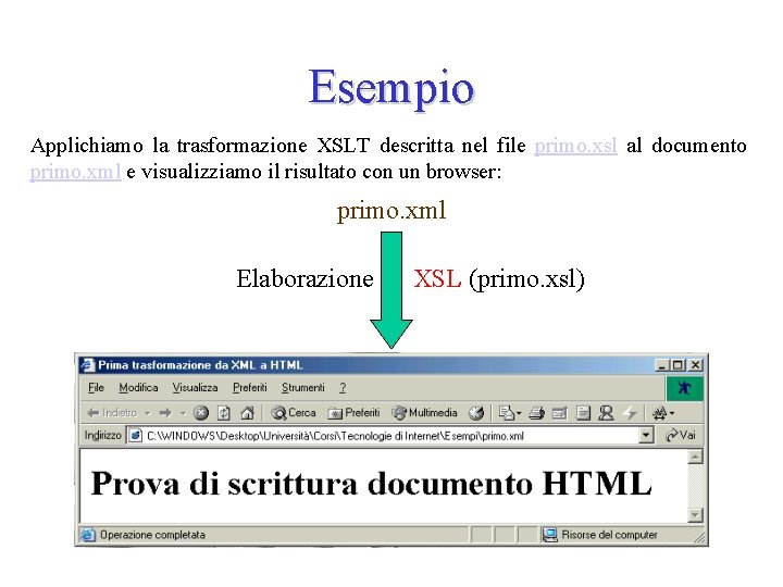 Esempio Applichiamo la trasformazione XSLT descritta nel file primo. xsl al documento primo. xml