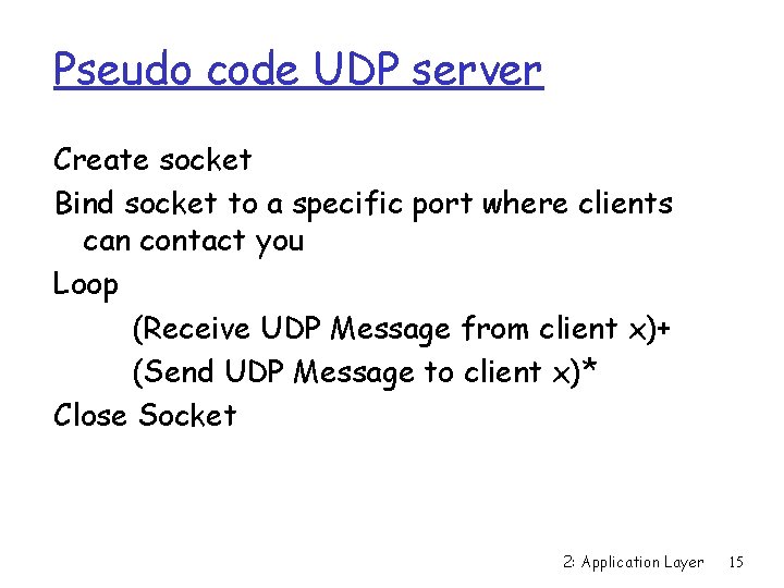 Pseudo code UDP server Create socket Bind socket to a specific port where clients