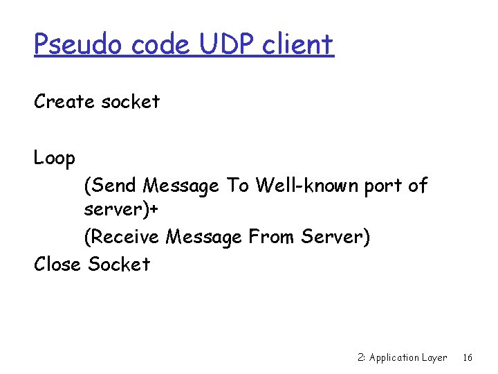 Pseudo code UDP client Create socket Loop (Send Message To Well-known port of server)+
