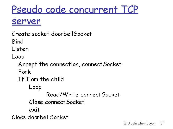 Pseudo code concurrent TCP server Create socket doorbell. Socket Bind Listen Loop Accept the