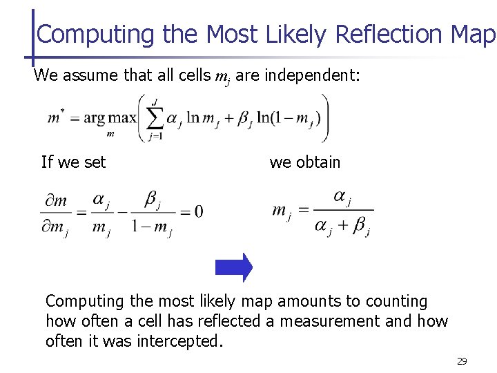 Computing the Most Likely Reflection Map We assume that all cells mj are independent: