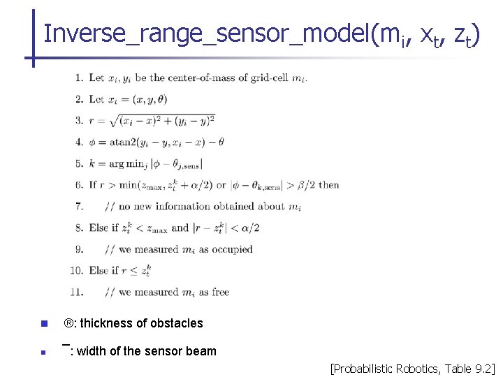 Inverse_range_sensor_model(mi, xt, zt) n ®: thickness of obstacles n ¯: width of the sensor