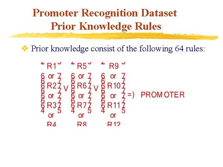 Promoter Recognition Dataset Prior Knowledge Rules v Prior knowledge consist of the following 64