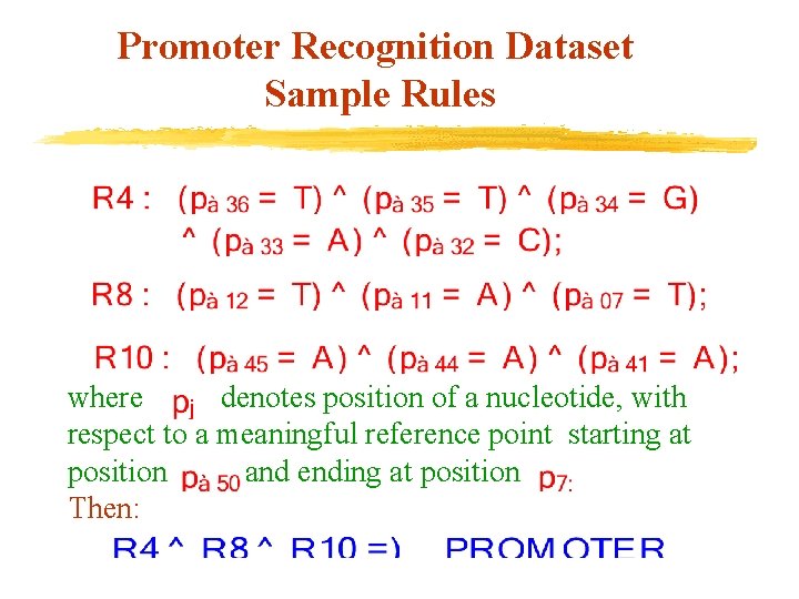 Promoter Recognition Dataset Sample Rules where denotes position of a nucleotide, with respect to