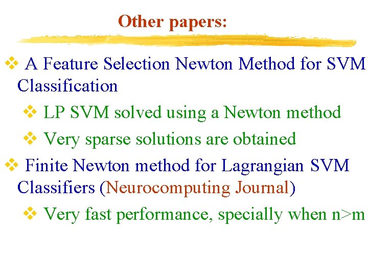 Other papers: v A Feature Selection Newton Method for SVM Classification v LP SVM
