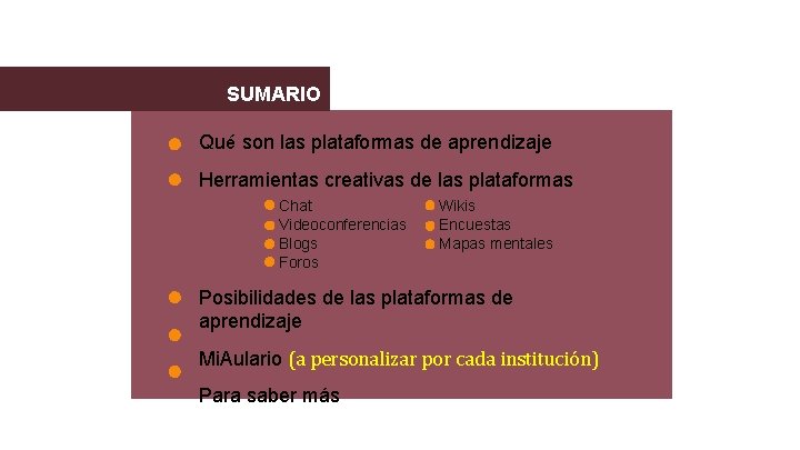 SUMARIO Qué son las plataformas de aprendizaje Herramientas creativas de las plataformas Chat Videoconferencias