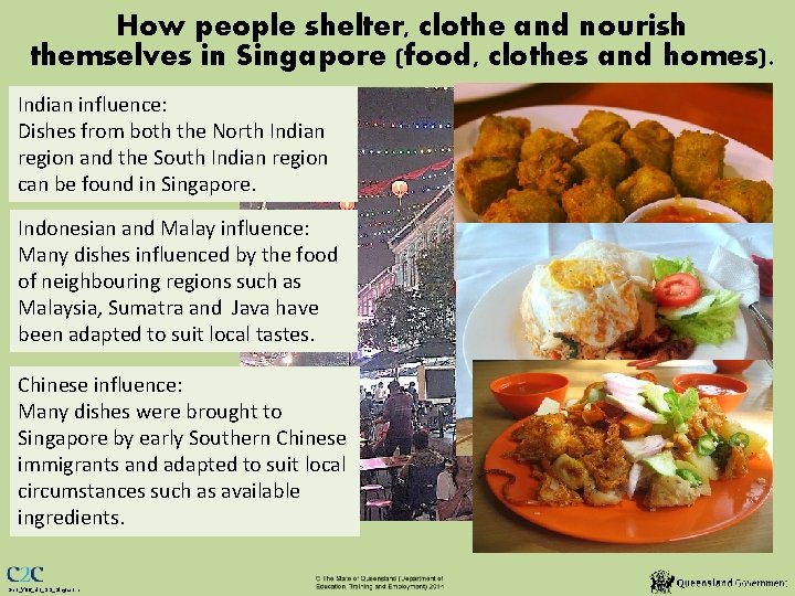 How people shelter, clothe and nourish themselves in Singapore (food, clothes and homes). Indian