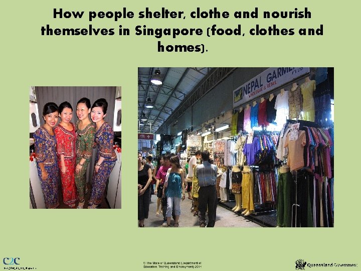 How people shelter, clothe and nourish themselves in Singapore (food, clothes and homes). Geo_Y