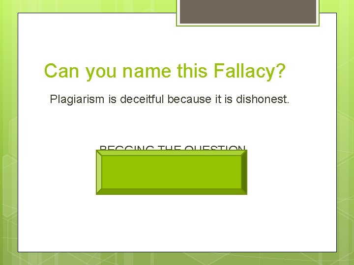 Can you name this Fallacy? Plagiarism is deceitful because it is dishonest. BEGGING THE