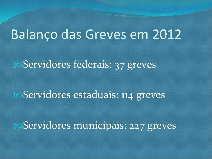 Balanço das Greves em 2012 Servidores federais: 37 greves Servidores estaduais: 114 greves Servidores