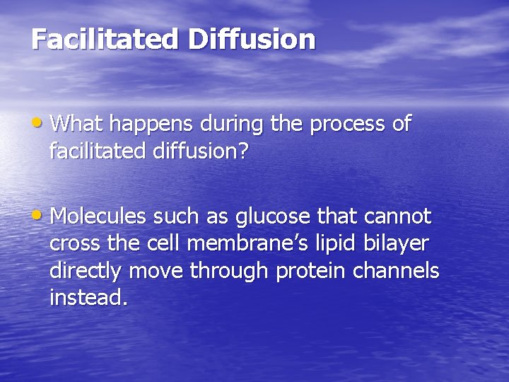 Facilitated Diffusion • What happens during the process of facilitated diffusion? • Molecules such