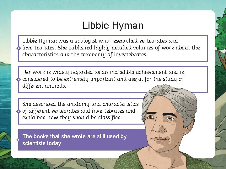 Libbie Hyman was a zoologist who researched vertebrates and invertebrates. She published highly detailed