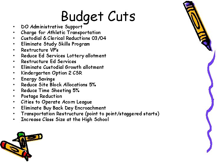  • • • • • Budget Cuts DO Administrative Support Charge for Athletic