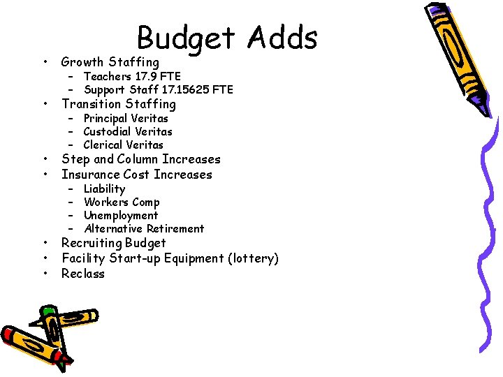 Budget Adds • Growth Staffing • Transition Staffing • • Step and Column Increases